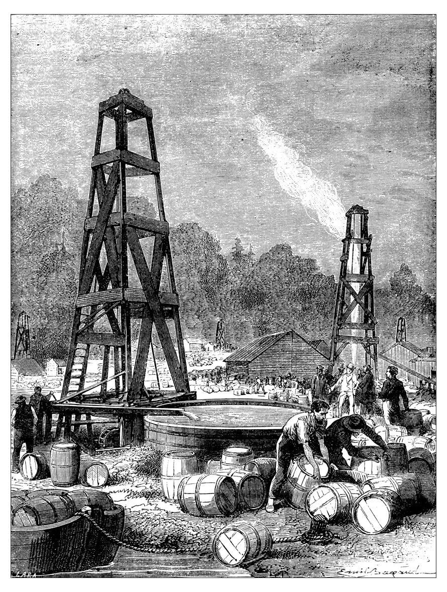 antique illustration of an oil derrick and oil drilling